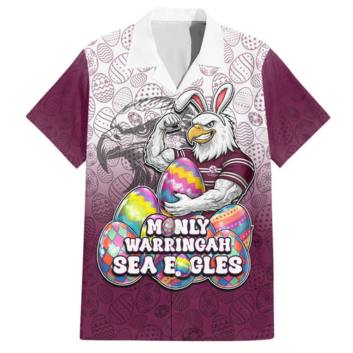 Personalized Manly Warringah Sea Eagles Hawaiian Shirt Easter Mascot - Colorful Eggs Cartoon Style