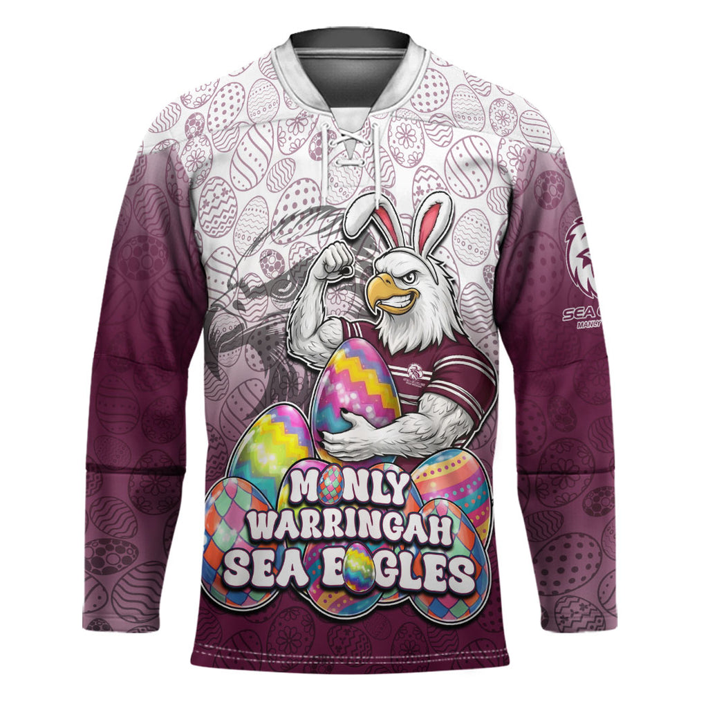 Personalized Manly Warringah Sea Eagles Hockey Jersey Easter Mascot - Colorful Eggs Cartoon Style