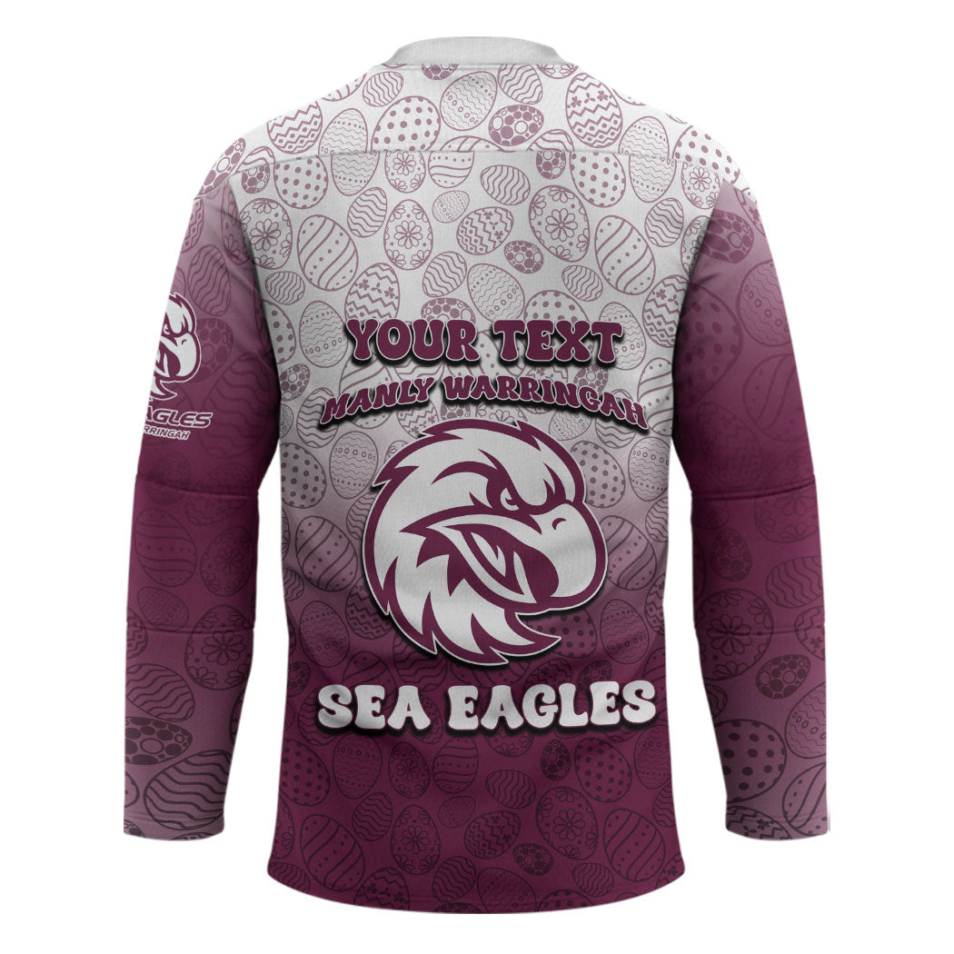 Personalized Manly Warringah Sea Eagles Hockey Jersey Easter Mascot - Colorful Eggs Cartoon Style