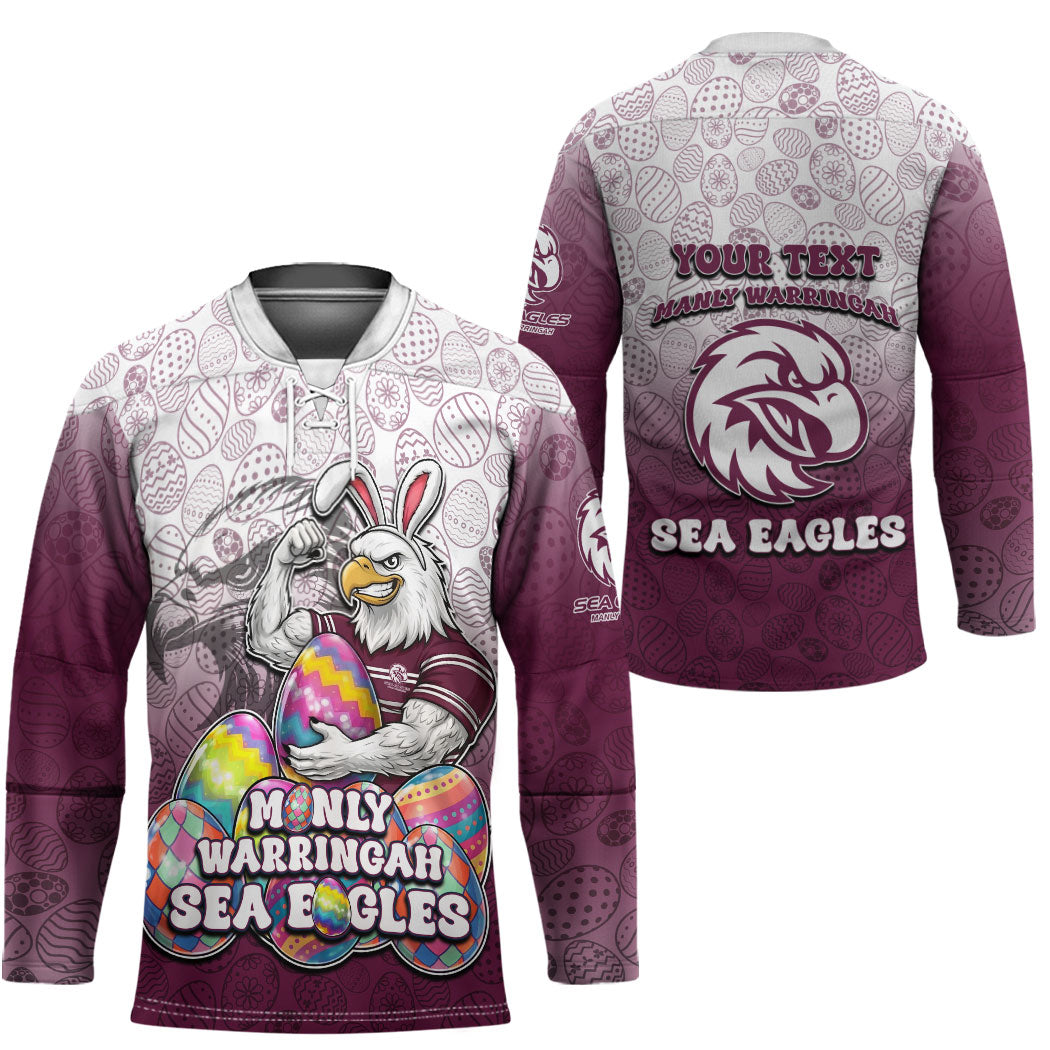 Personalized Manly Warringah Sea Eagles Hockey Jersey Easter Mascot - Colorful Eggs Cartoon Style