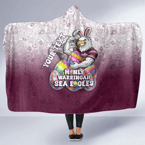 Personalized Manly Warringah Sea Eagles Hooded Blanket Easter Mascot - Colorful Eggs Cartoon Style