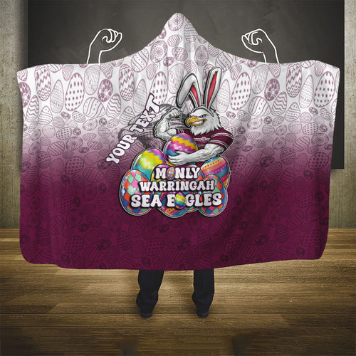 Personalized Manly Warringah Sea Eagles Hooded Blanket Easter Mascot - Colorful Eggs Cartoon Style