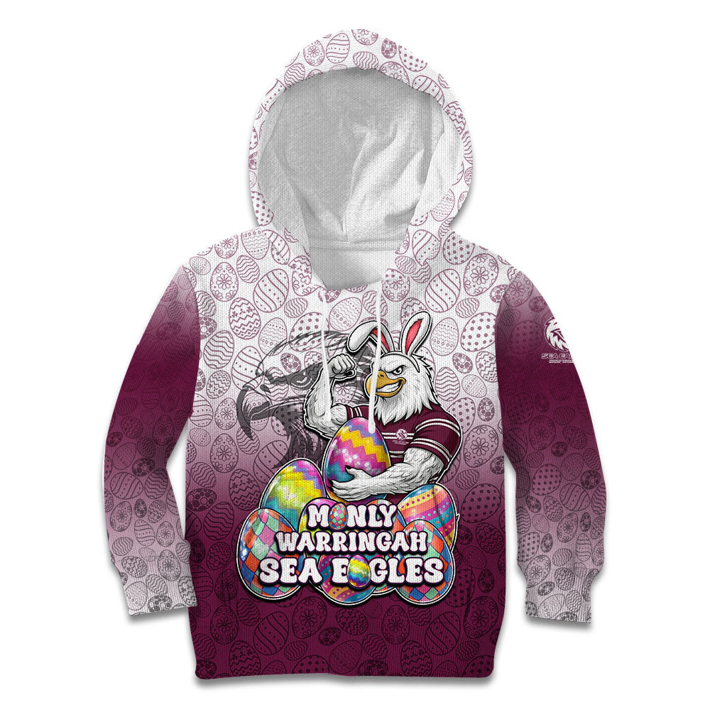 Personalized Manly Warringah Sea Eagles Kid Hoodie Easter Mascot - Colorful Eggs Cartoon Style