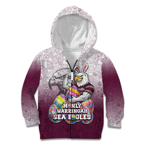 Personalized Manly Warringah Sea Eagles Kid Hoodie Easter Mascot - Colorful Eggs Cartoon Style