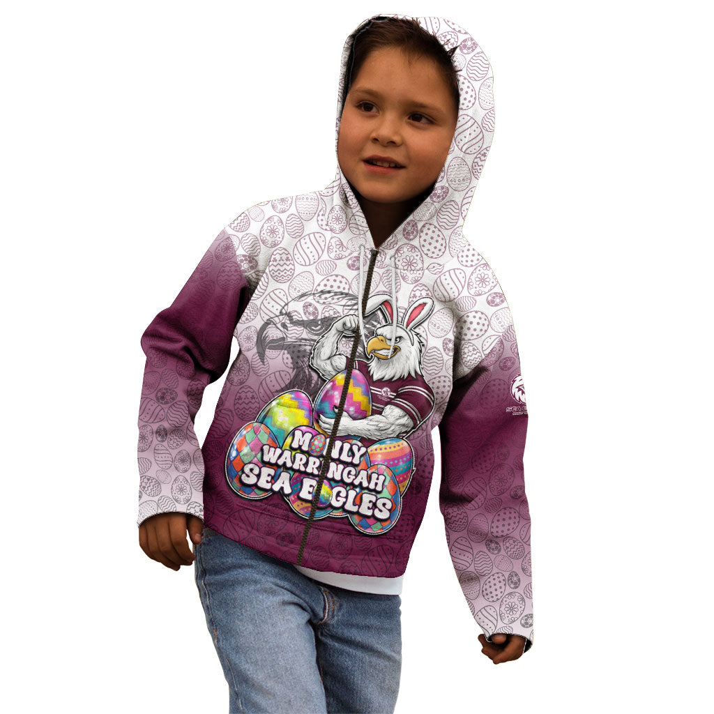Personalized Manly Warringah Sea Eagles Kid Hoodie Easter Mascot - Colorful Eggs Cartoon Style