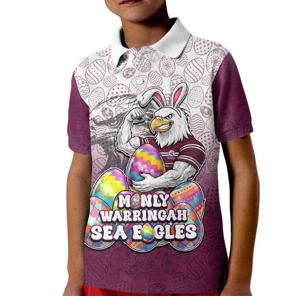 Personalized Manly Warringah Sea Eagles Kid Polo Shirt Easter Mascot - Colorful Eggs Cartoon Style