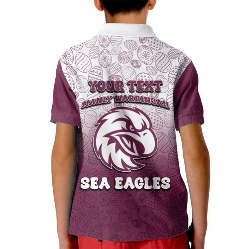 Personalized Manly Warringah Sea Eagles Kid Polo Shirt Easter Mascot - Colorful Eggs Cartoon Style
