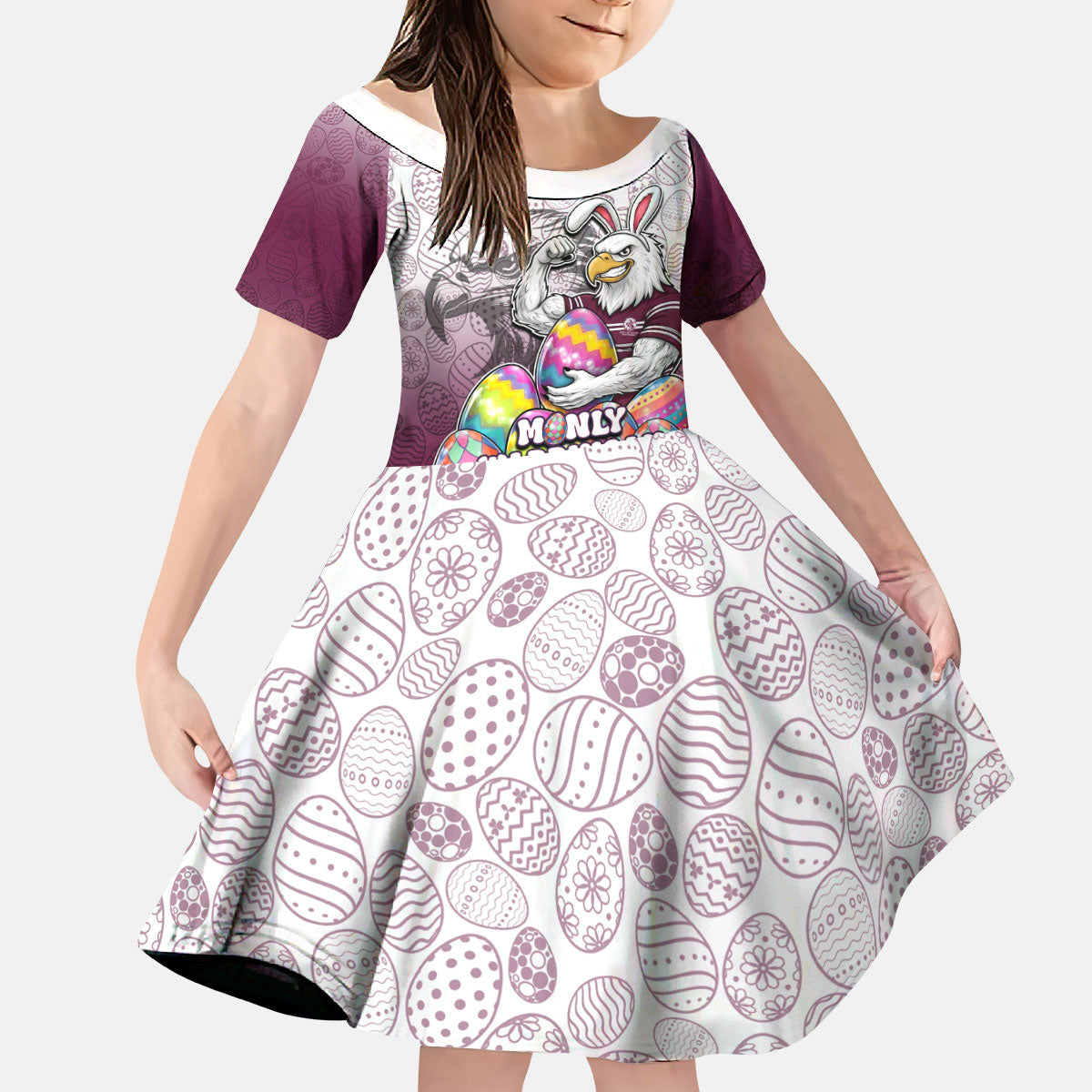 Personalized Manly Warringah Sea Eagles Kid Short Sleeve Dress Easter Mascot - Colorful Eggs Cartoon Style