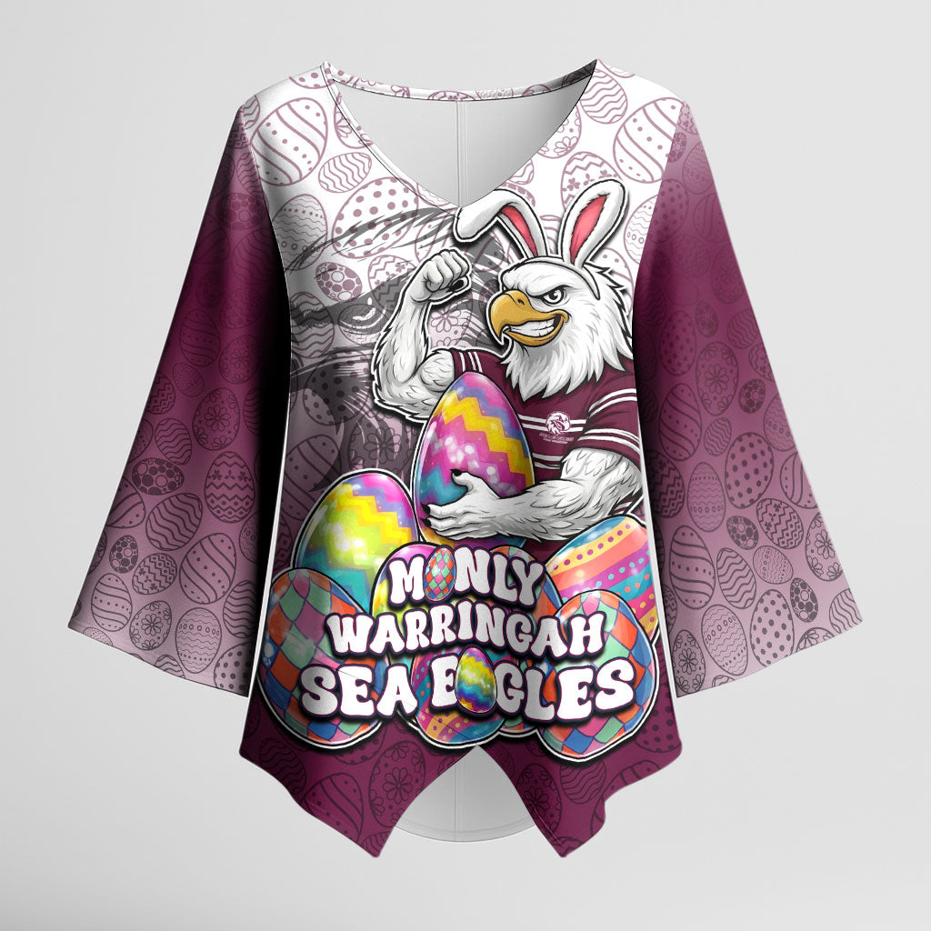 Personalized Manly Warringah Sea Eagles Kimono Sleeve Blouse Easter Mascot - Colorful Eggs Cartoon Style