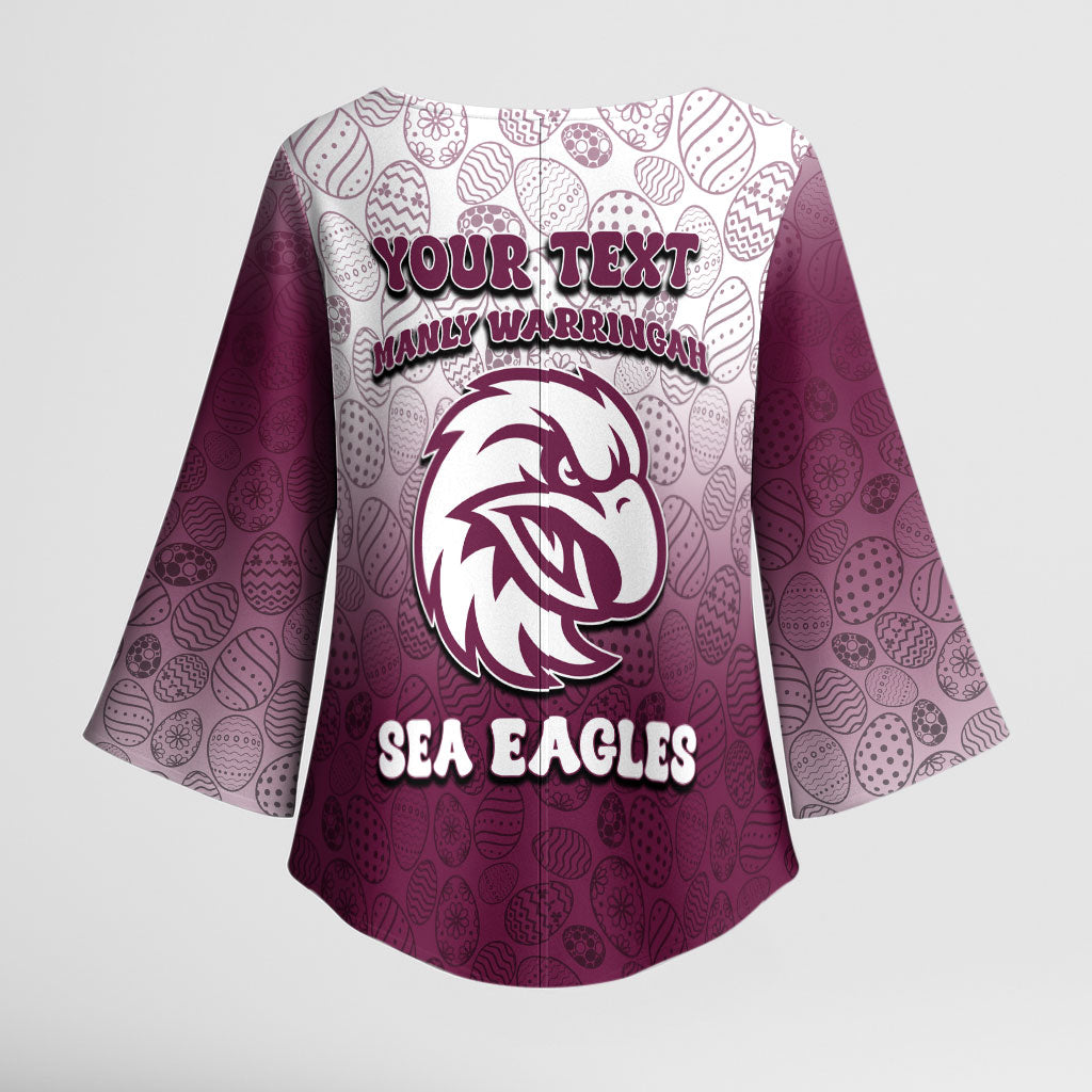 Personalized Manly Warringah Sea Eagles Kimono Sleeve Blouse Easter Mascot - Colorful Eggs Cartoon Style