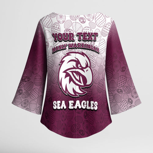 Personalized Manly Warringah Sea Eagles Kimono Sleeve Blouse Easter Mascot - Colorful Eggs Cartoon Style
