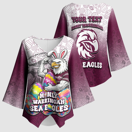 Personalized Manly Warringah Sea Eagles Kimono Sleeve Blouse Easter Mascot - Colorful Eggs Cartoon Style