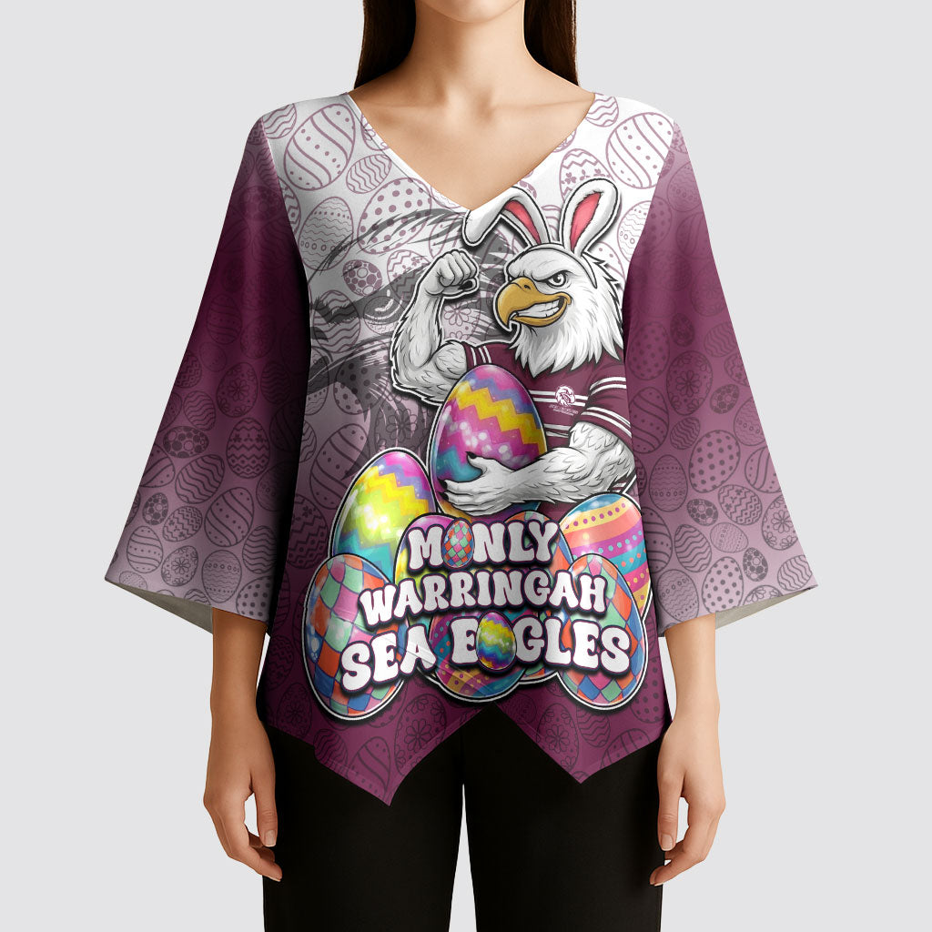 Personalized Manly Warringah Sea Eagles Kimono Sleeve Blouse Easter Mascot - Colorful Eggs Cartoon Style