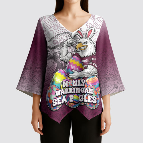 Personalized Manly Warringah Sea Eagles Kimono Sleeve Blouse Easter Mascot - Colorful Eggs Cartoon Style