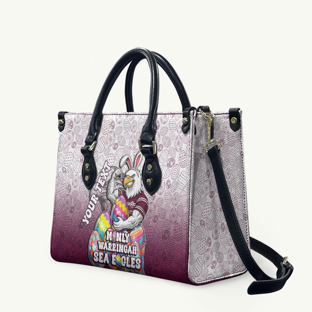 Personalized Manly Warringah Sea Eagles Leather Bag Easter Mascot - Colorful Eggs Cartoon Style