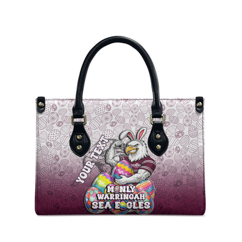 Personalized Manly Warringah Sea Eagles Leather Bag Easter Mascot - Colorful Eggs Cartoon Style