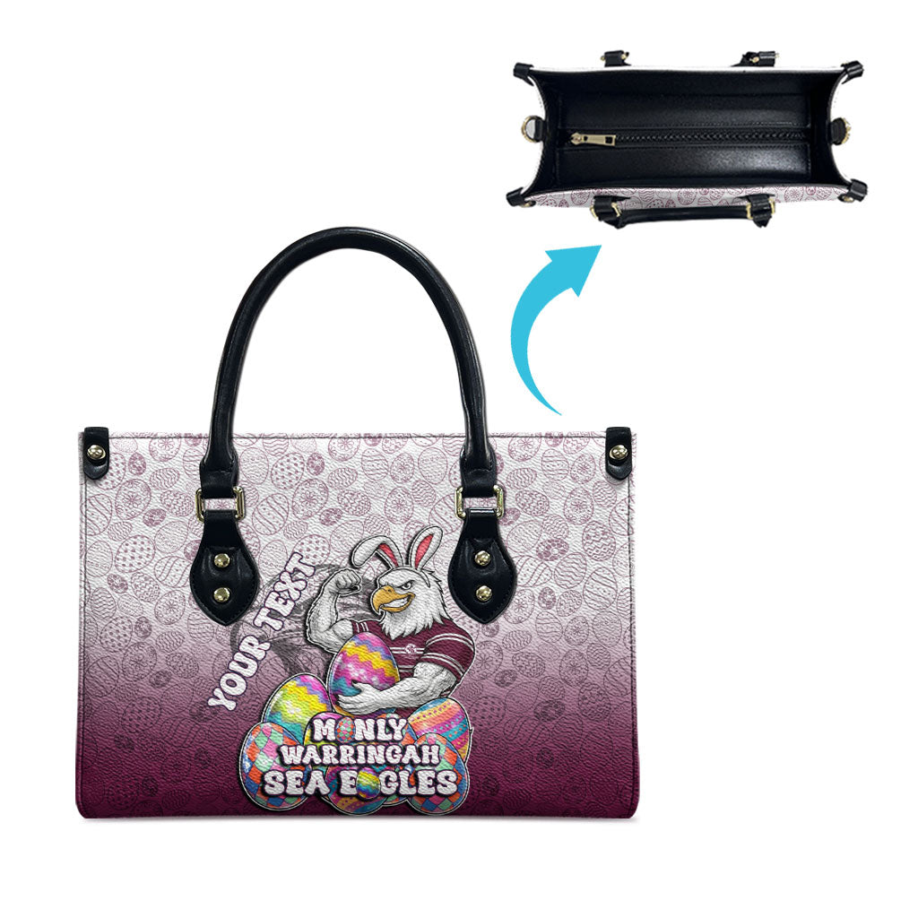 Personalized Manly Warringah Sea Eagles Leather Bag Easter Mascot - Colorful Eggs Cartoon Style