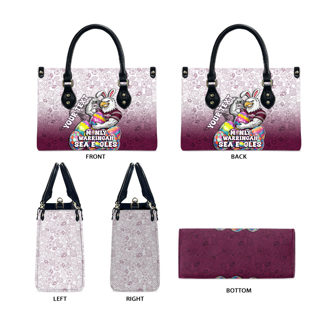 Personalized Manly Warringah Sea Eagles Leather Bag Easter Mascot - Colorful Eggs Cartoon Style