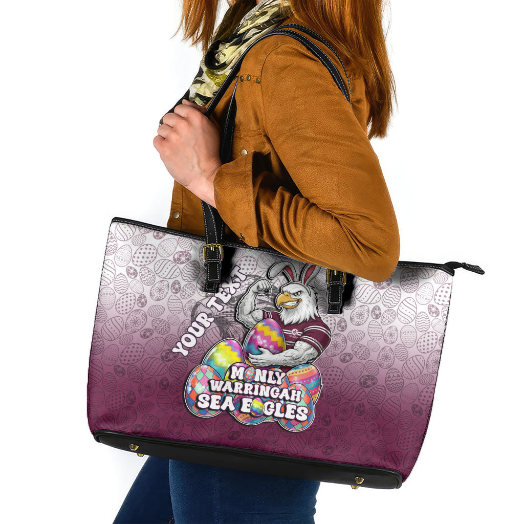Personalized Manly Warringah Sea Eagles Leather Tote Bag Easter Mascot - Colorful Eggs Cartoon Style