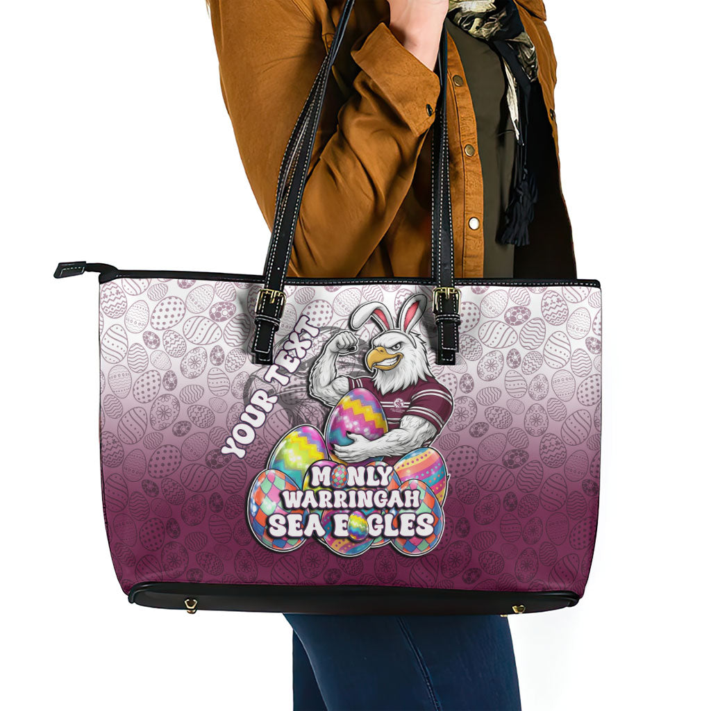 Personalized Manly Warringah Sea Eagles Leather Tote Bag Easter Mascot - Colorful Eggs Cartoon Style