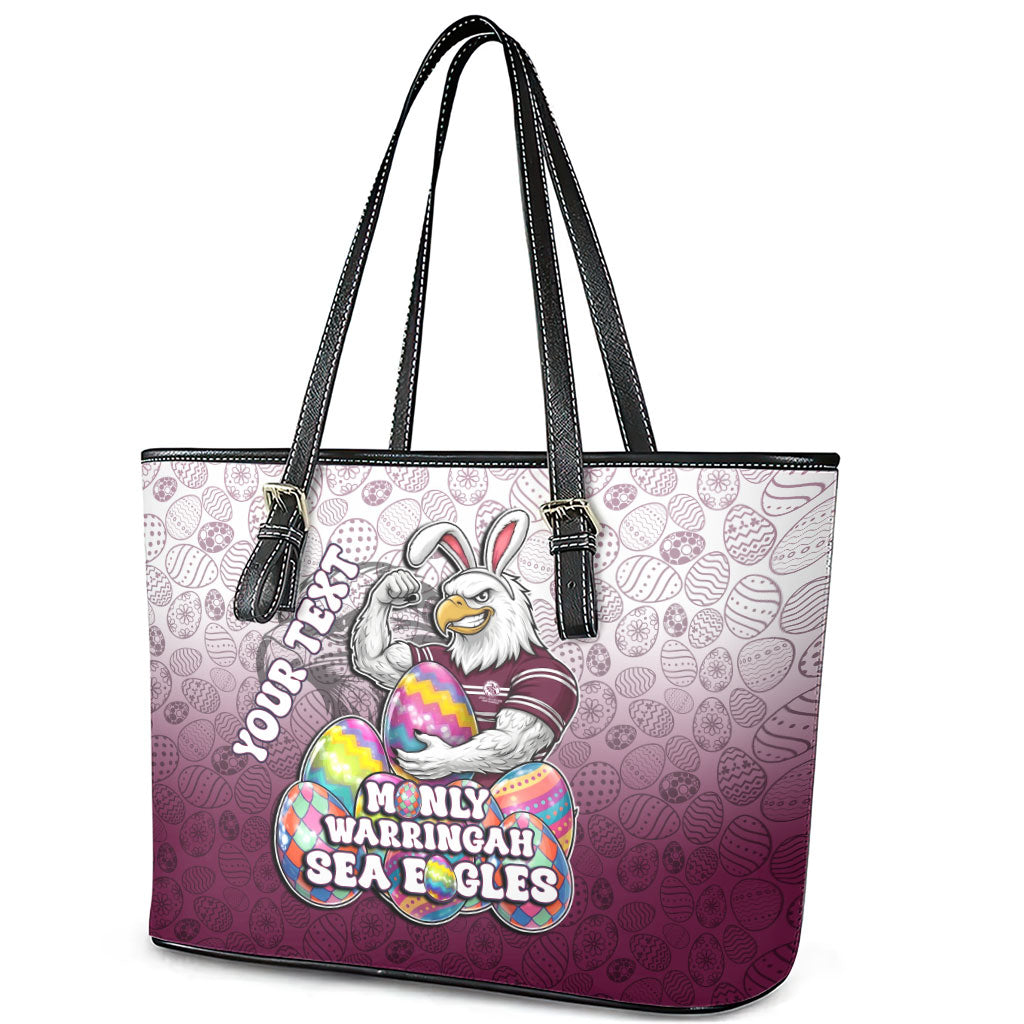 Personalized Manly Warringah Sea Eagles Leather Tote Bag Easter Mascot - Colorful Eggs Cartoon Style