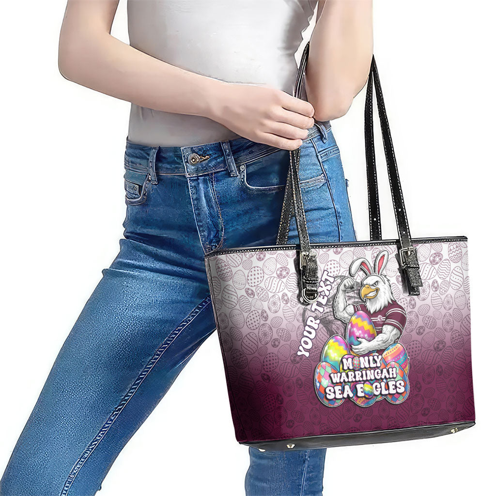Personalized Manly Warringah Sea Eagles Leather Tote Bag Easter Mascot - Colorful Eggs Cartoon Style