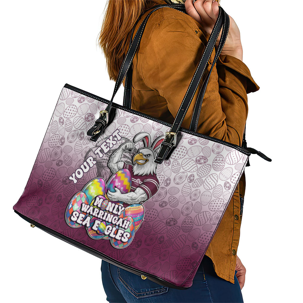 Personalized Manly Warringah Sea Eagles Leather Tote Bag Easter Mascot - Colorful Eggs Cartoon Style