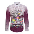 Personalized Manly Warringah Sea Eagles Long Sleeve Button Shirt Easter Mascot - Colorful Eggs Cartoon Style