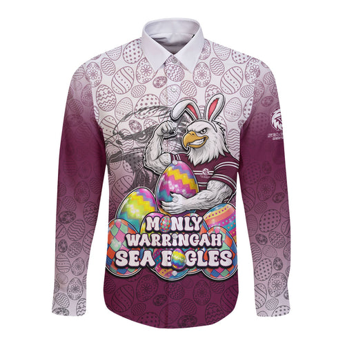 Personalized Manly Warringah Sea Eagles Long Sleeve Button Shirt Easter Mascot - Colorful Eggs Cartoon Style