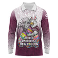 Personalized Manly Warringah Sea Eagles Long Sleeve Polo Shirt Easter Mascot - Colorful Eggs Cartoon Style
