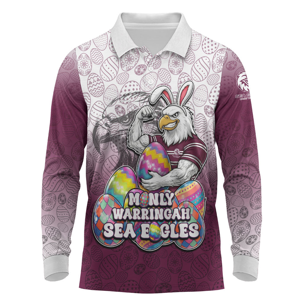 Personalized Manly Warringah Sea Eagles Long Sleeve Polo Shirt Easter Mascot - Colorful Eggs Cartoon Style