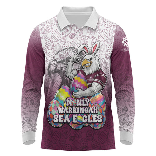 Personalized Manly Warringah Sea Eagles Long Sleeve Polo Shirt Easter Mascot - Colorful Eggs Cartoon Style