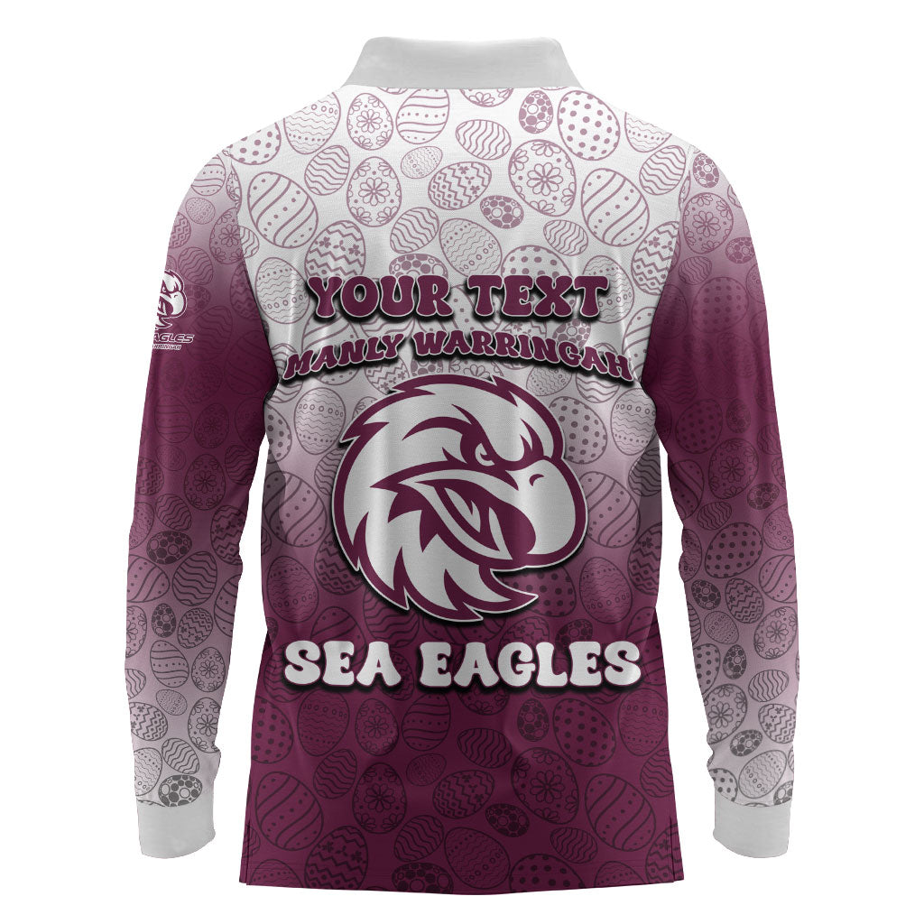 Personalized Manly Warringah Sea Eagles Long Sleeve Polo Shirt Easter Mascot - Colorful Eggs Cartoon Style