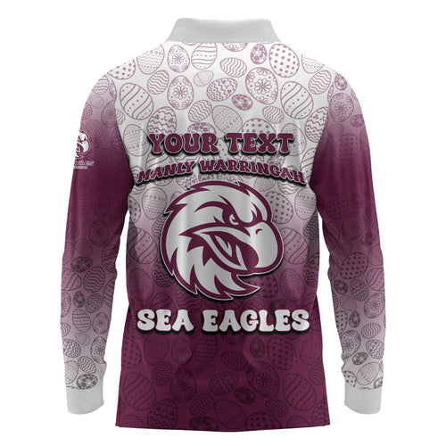 Personalized Manly Warringah Sea Eagles Long Sleeve Polo Shirt Easter Mascot - Colorful Eggs Cartoon Style