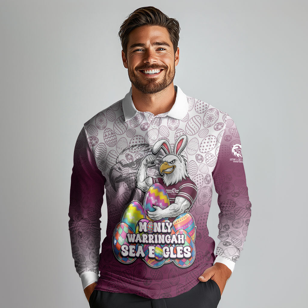 Personalized Manly Warringah Sea Eagles Long Sleeve Polo Shirt Easter Mascot - Colorful Eggs Cartoon Style