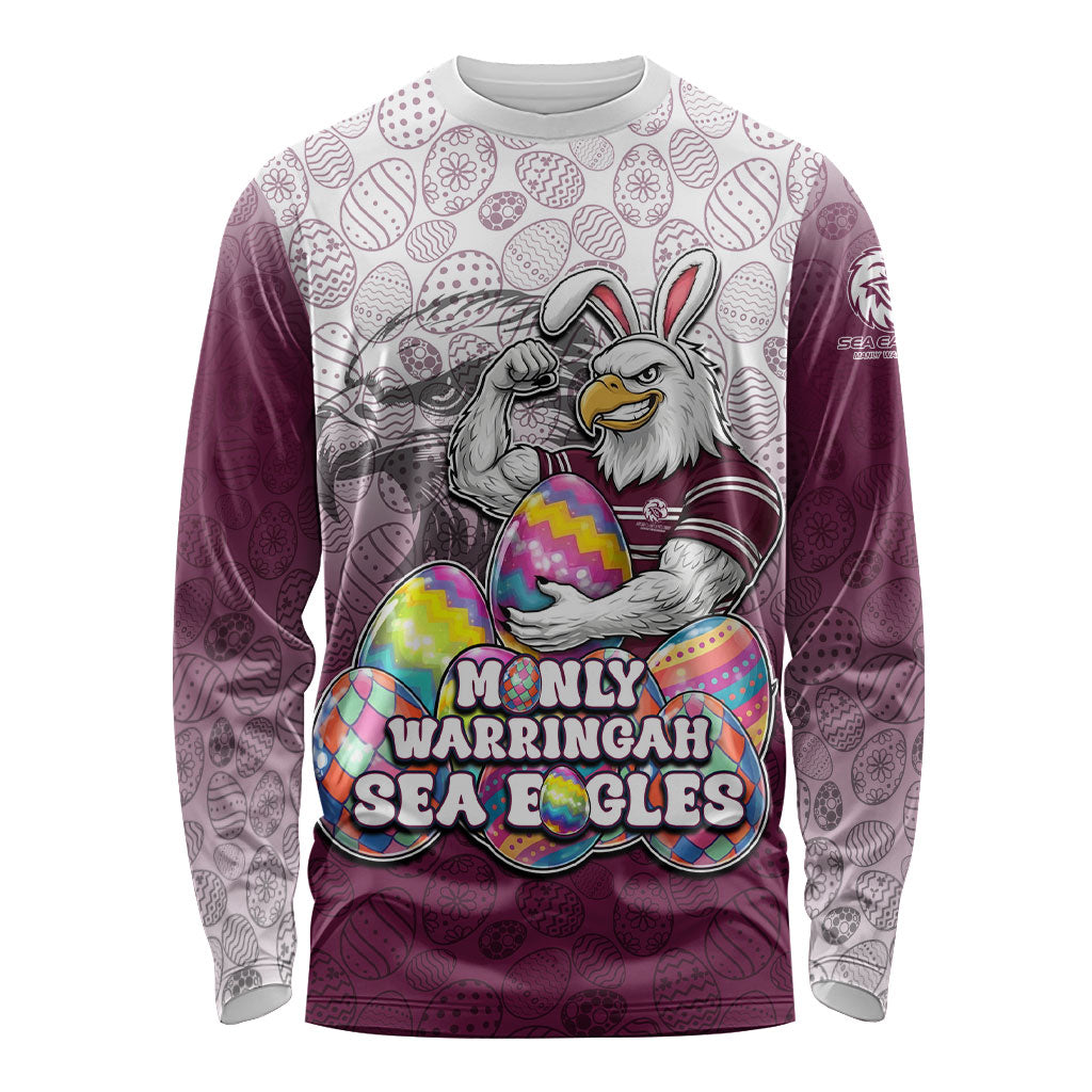 Personalized Manly Warringah Sea Eagles Long Sleeve Shirt Easter Mascot - Colorful Eggs Cartoon Style