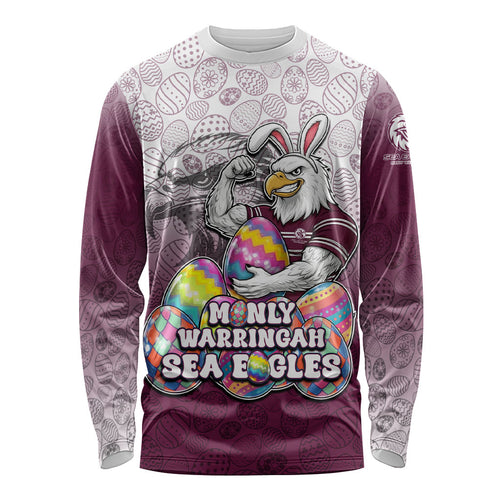 Personalized Manly Warringah Sea Eagles Long Sleeve Shirt Easter Mascot - Colorful Eggs Cartoon Style