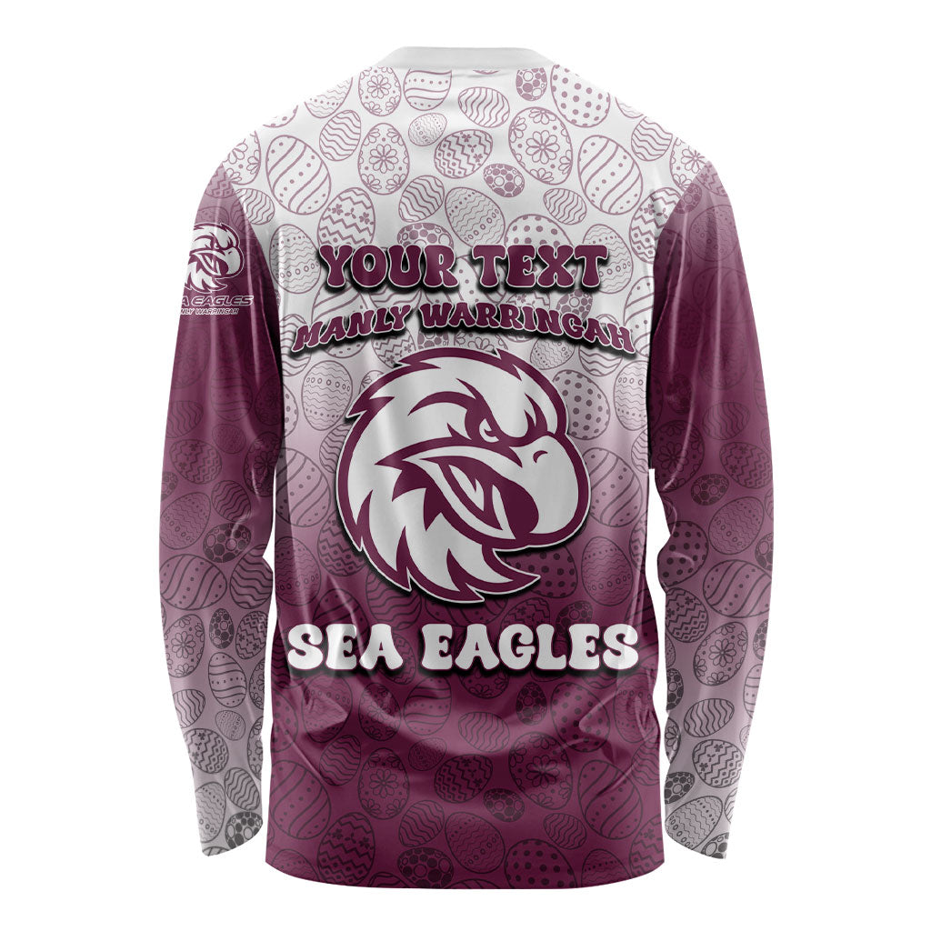 Personalized Manly Warringah Sea Eagles Long Sleeve Shirt Easter Mascot - Colorful Eggs Cartoon Style