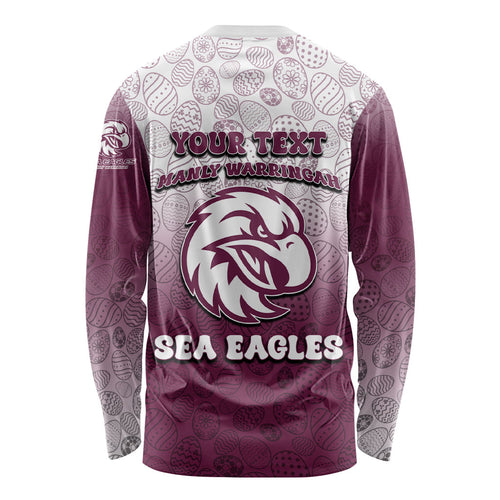 Personalized Manly Warringah Sea Eagles Long Sleeve Shirt Easter Mascot - Colorful Eggs Cartoon Style