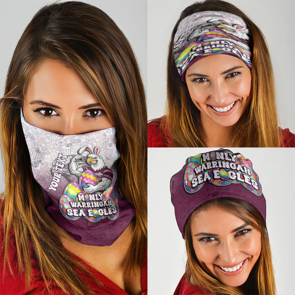 Personalized Manly Warringah Sea Eagles Neck Gaiter Easter Mascot - Colorful Eggs Cartoon Style