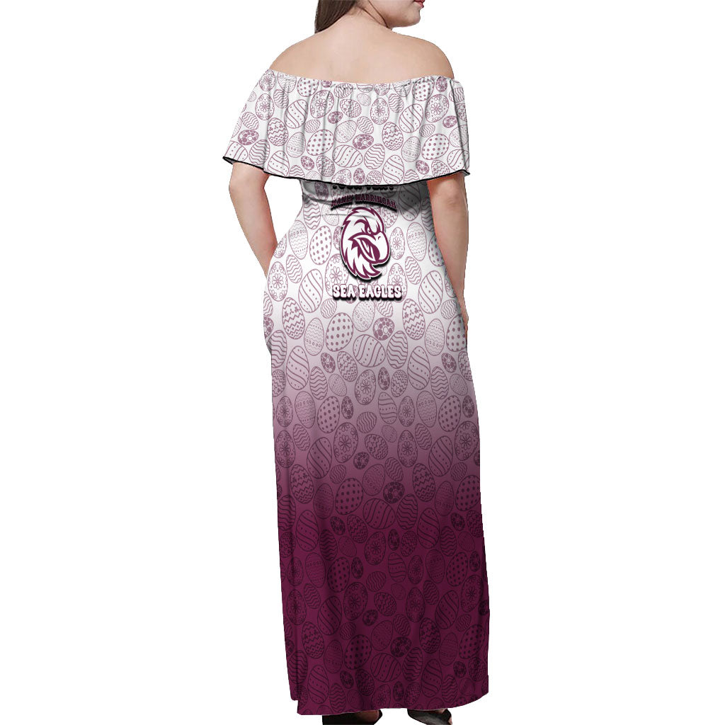 Personalized Manly Warringah Sea Eagles Off Shoulder Maxi Dress Easter Mascot - Colorful Eggs Cartoon Style