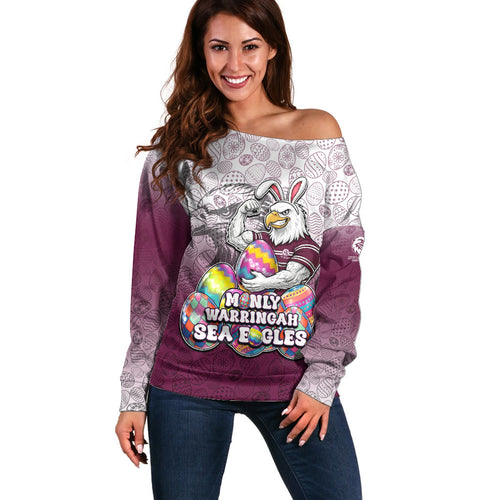 Personalized Manly Warringah Sea Eagles Off Shoulder Sweater Easter Mascot - Colorful Eggs Cartoon Style