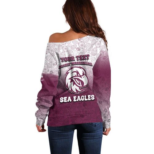 Personalized Manly Warringah Sea Eagles Off Shoulder Sweater Easter Mascot - Colorful Eggs Cartoon Style