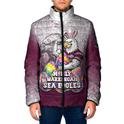 Personalized Manly Warringah Sea Eagles Padded Jacket Easter Mascot - Colorful Eggs Cartoon Style