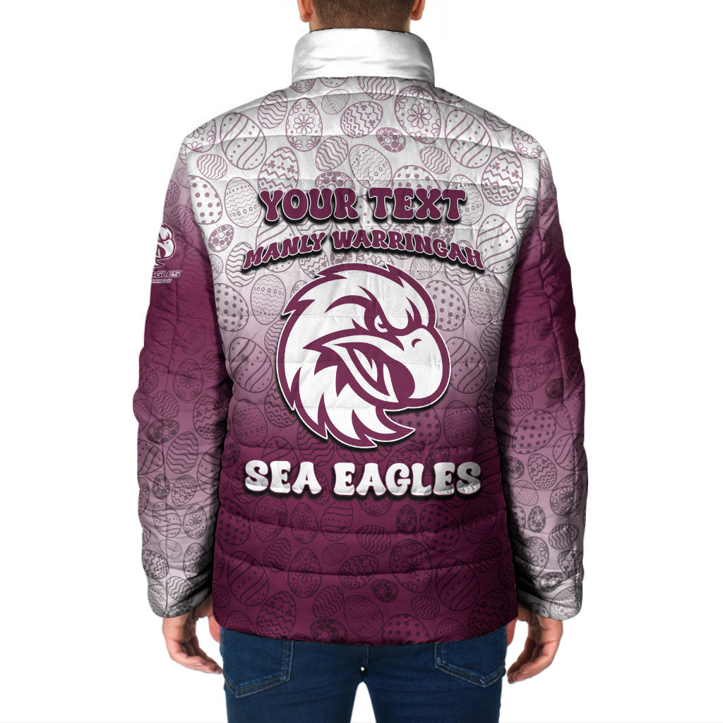 Personalized Manly Warringah Sea Eagles Padded Jacket Easter Mascot - Colorful Eggs Cartoon Style