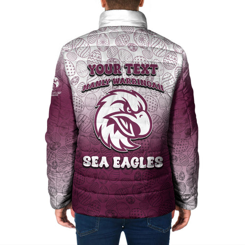 Personalized Manly Warringah Sea Eagles Padded Jacket Easter Mascot - Colorful Eggs Cartoon Style