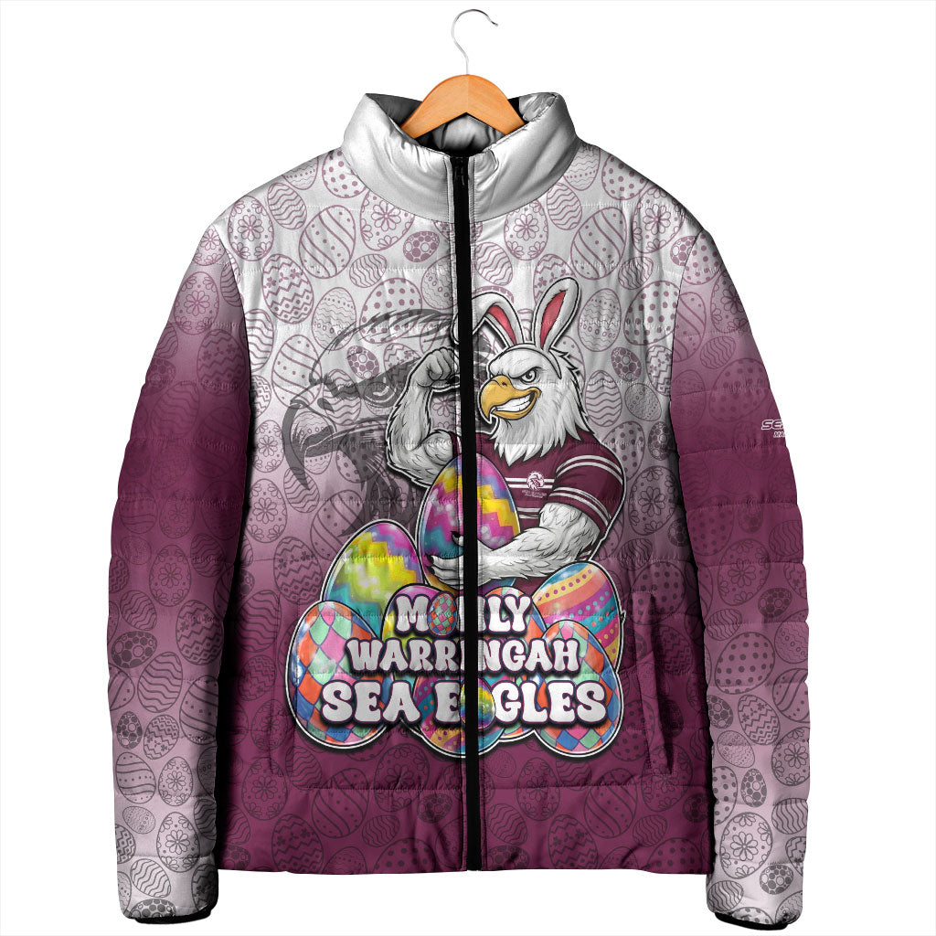 Personalized Manly Warringah Sea Eagles Padded Jacket Easter Mascot - Colorful Eggs Cartoon Style