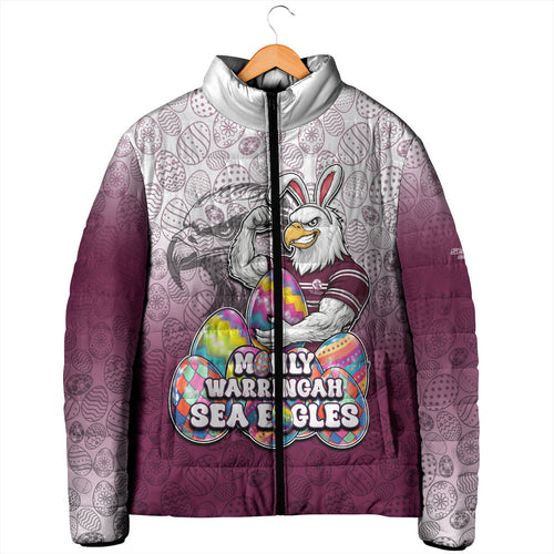 Personalized Manly Warringah Sea Eagles Padded Jacket Easter Mascot - Colorful Eggs Cartoon Style