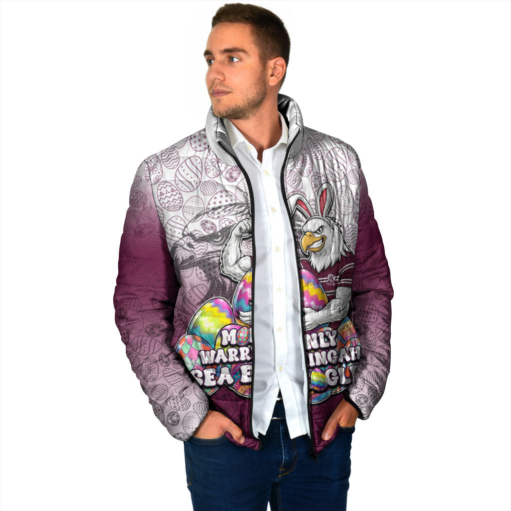 Personalized Manly Warringah Sea Eagles Padded Jacket Easter Mascot - Colorful Eggs Cartoon Style