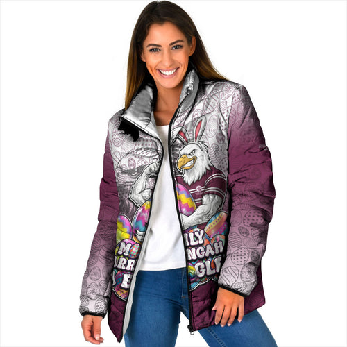 Personalized Manly Warringah Sea Eagles Padded Jacket Easter Mascot - Colorful Eggs Cartoon Style